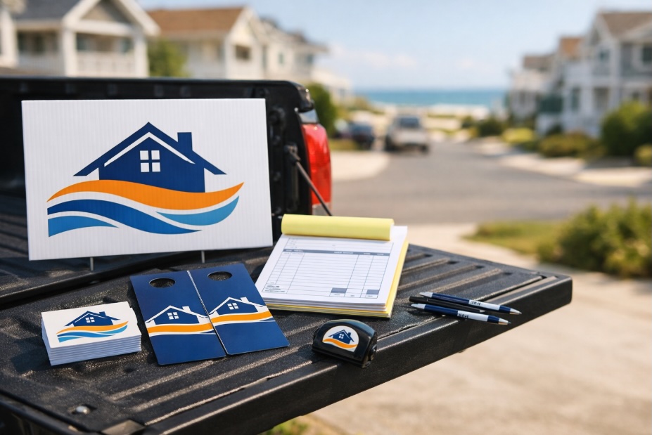 Printed marketing materials for contractors including business cards, carbonless invoice forms, a lawn sign, door hangers, and branded promotional products spread out on a truck tailgate in a New Jersey residential neighborhood.
