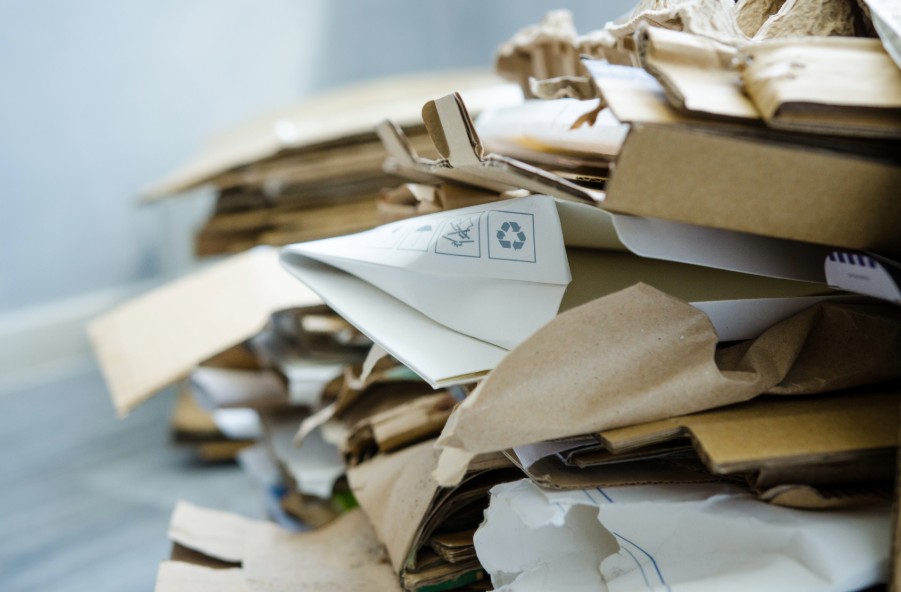 Recyclable paper and cardboard waste collected for recycling, supporting sustainable printing, waste reduction, and environmental responsibility.