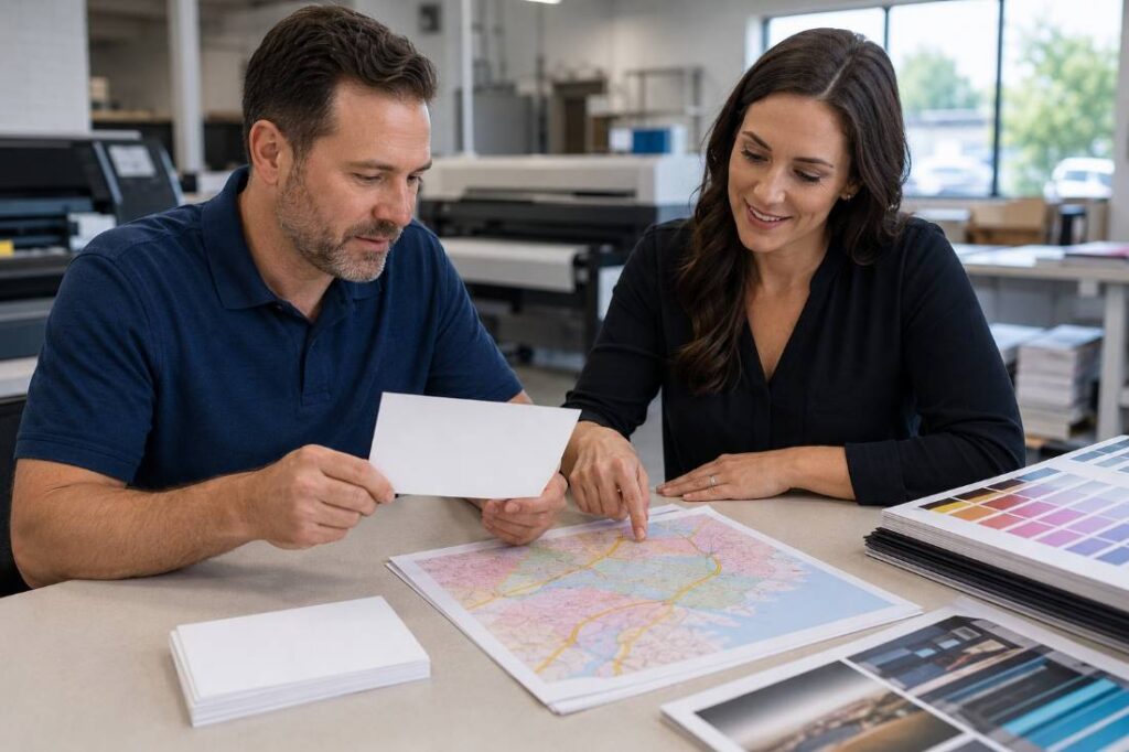 Business owner and designer planning an EDDM mail route campaign