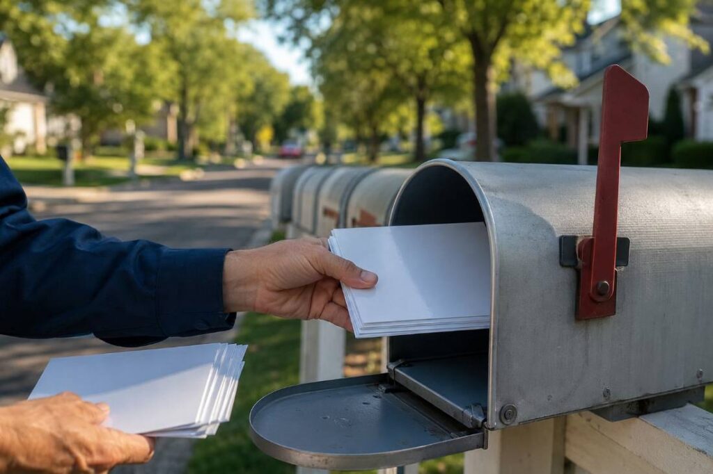 Mail carrier delivering EDDM postcards to a New Jersey neighborhood mailbox