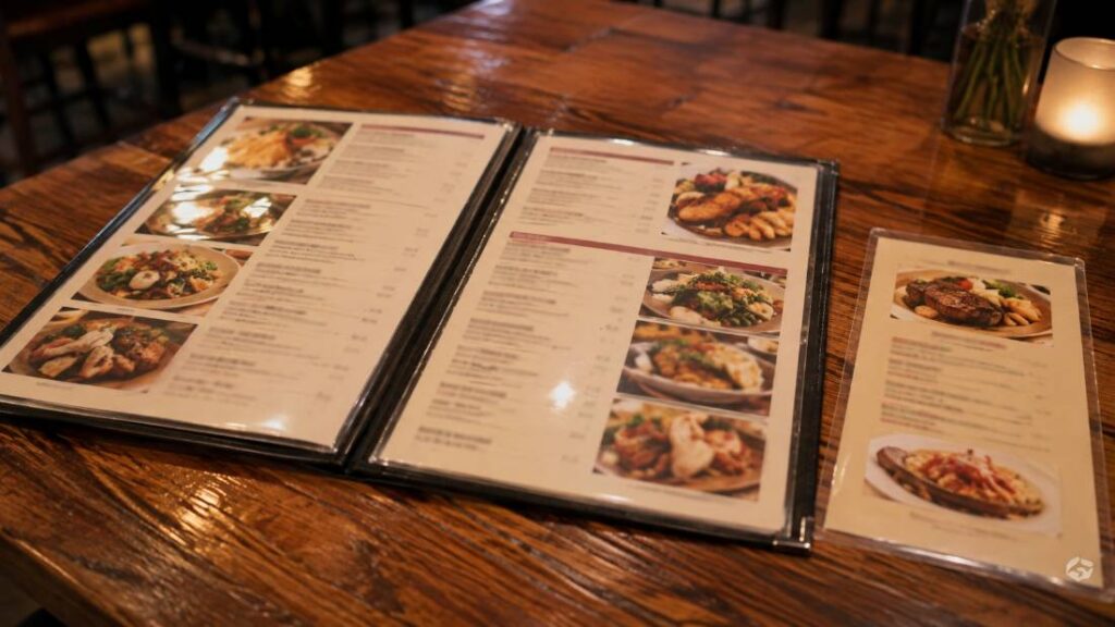 Laminated restaurant menu with specials insert on a dining table