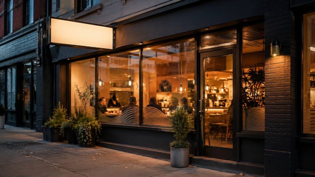Illuminated outdoor restaurant sign and window graphics on storefront