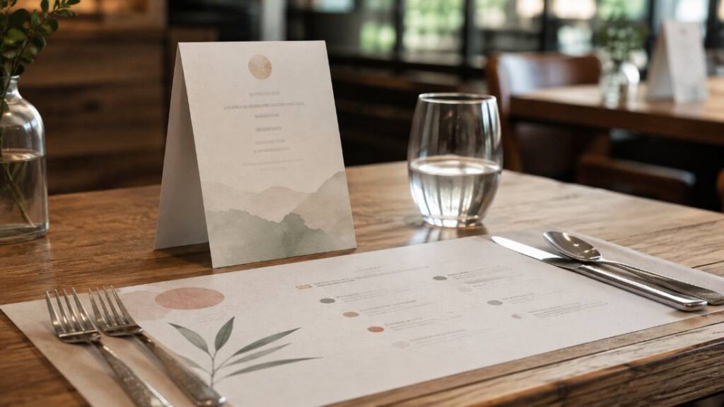 Printed table tent and placemat on a restaurant table setting