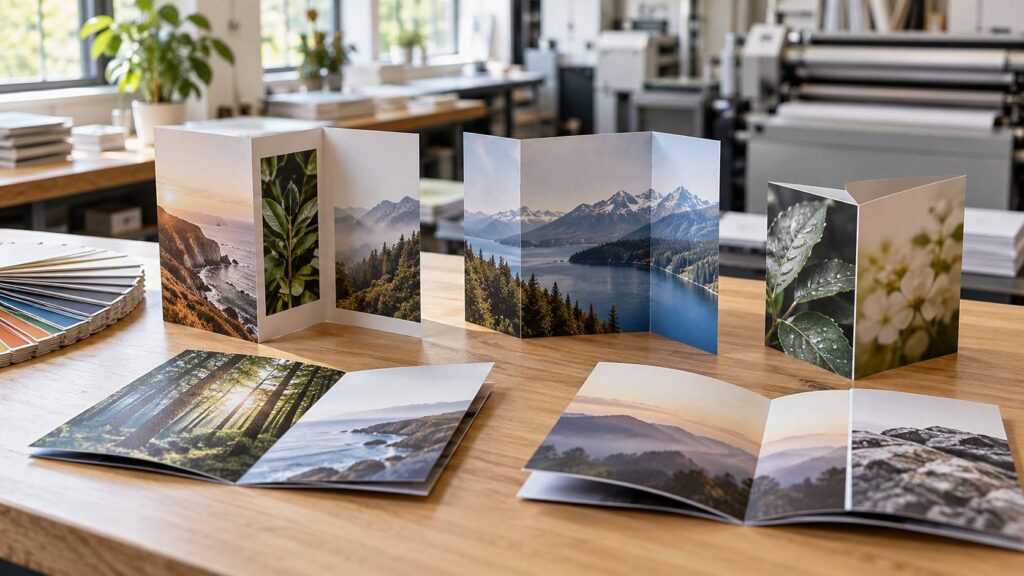 Tri-fold brochure designs laid out on a table at a New Jersey print shop