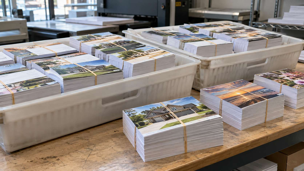 EDDM postcards bundled for mailing at a Monmouth County NJ print shop